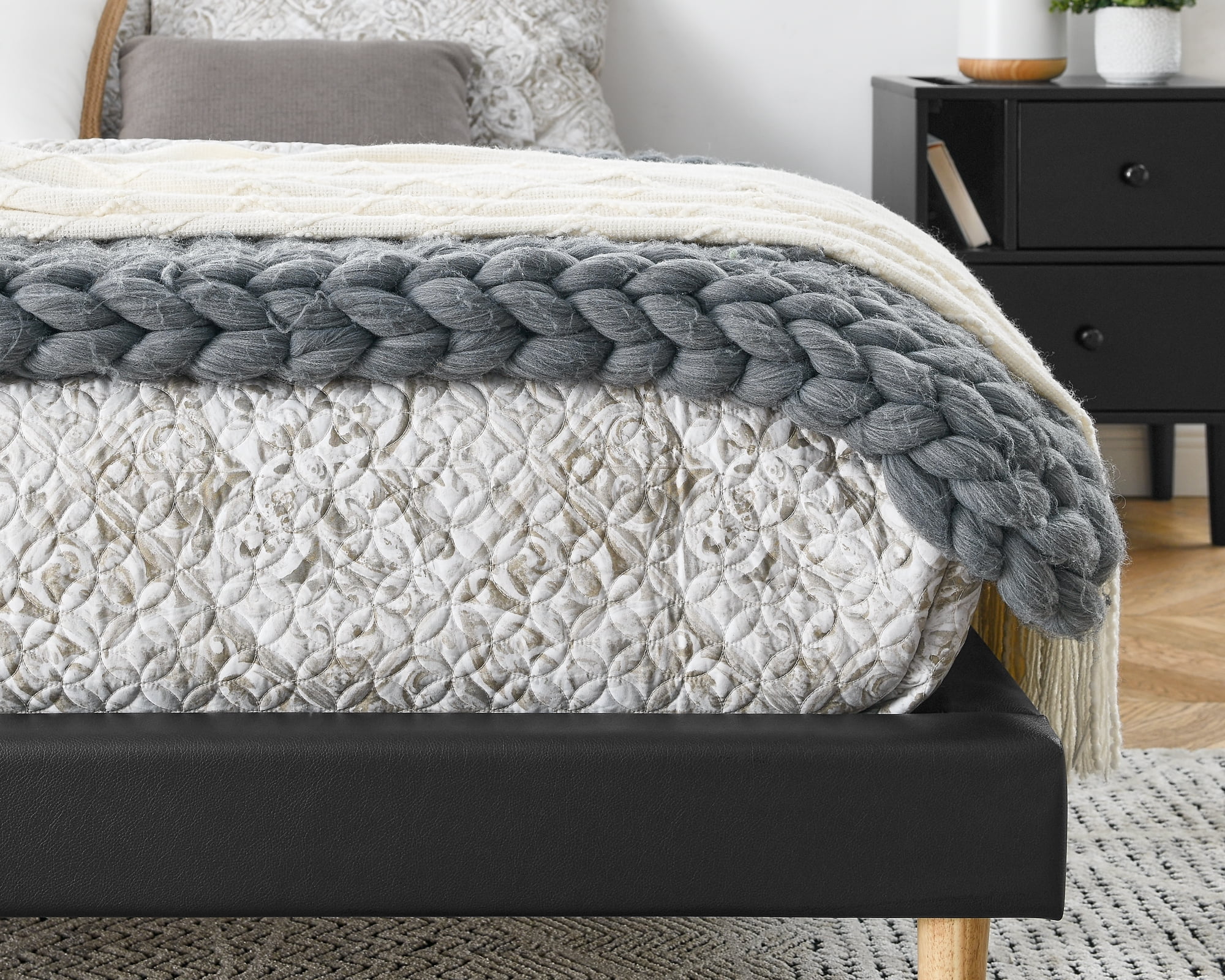 BRGMAUS QUEEN Size Faux Leather Platform Bed Frame - Waterproof & Easy Clean, Sturdy Solid Wood + 12 Slats + Center Support