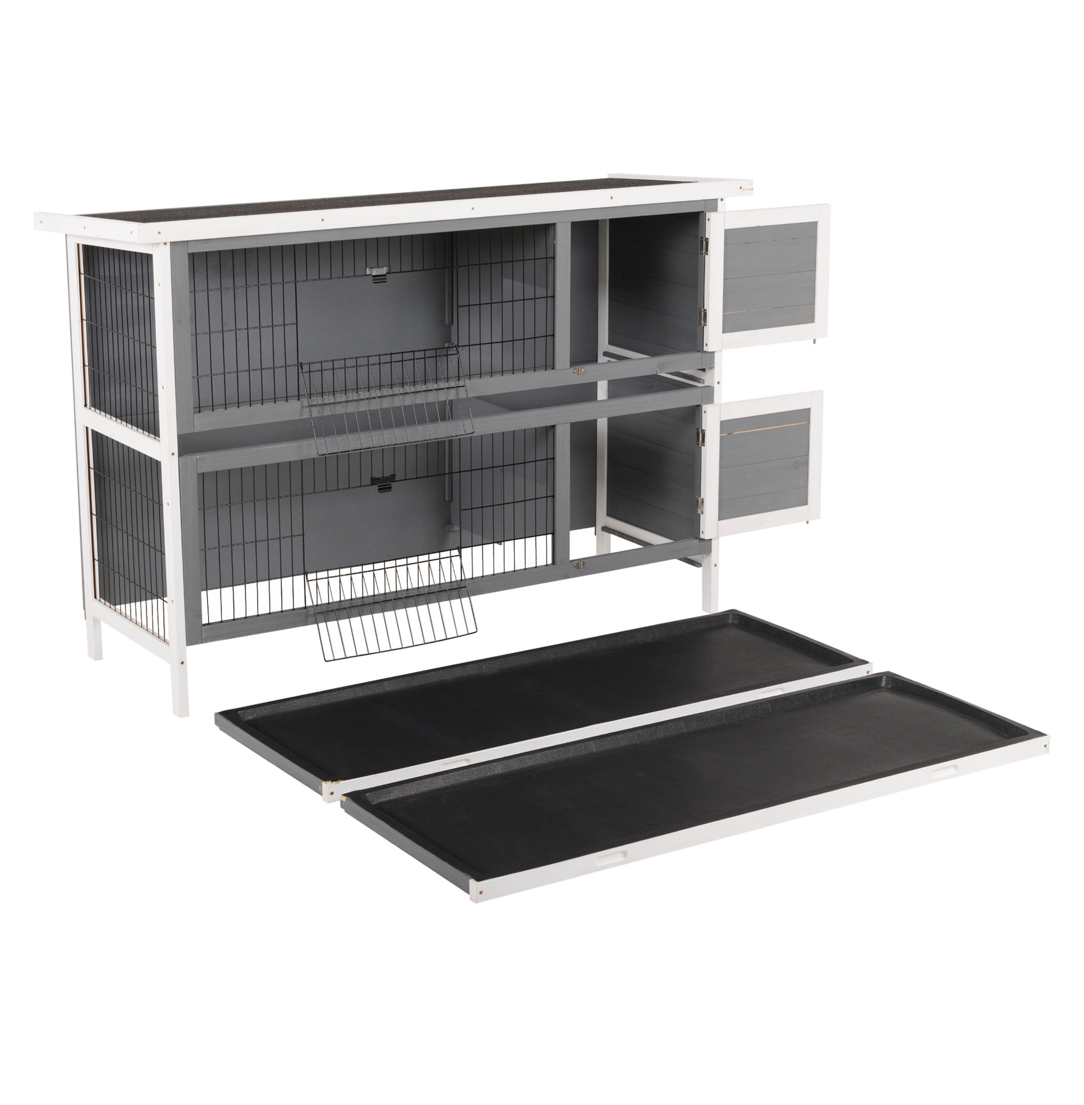 Rabbit Hutch 54" 2-Story Wooden Bunny Cage - Lockable Doors, Waterproof Roof - Outdoor/Indoor Pet House - Dark Grey