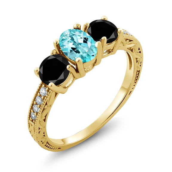 Gem Stone King 2.04 Ct Oval Blue Apatite Black Diamond 18K Yellow Gold Plated Silver Moissanite Ring (Size 7)