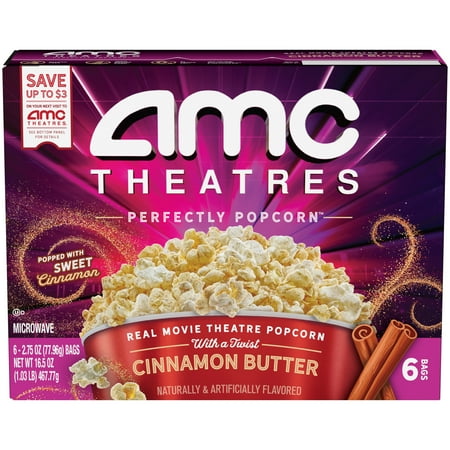AMC Theatres Microwave Popcorn 6ct, Cinnamon Butter, contains allergens (milk)