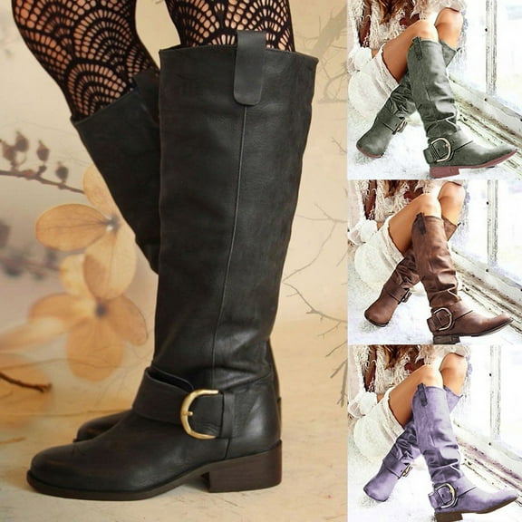 FRSASU Women's Roman Style Coarse Heel Boots Fashion Comfortable Riding Boots for Women Low Heel jackboot Purple