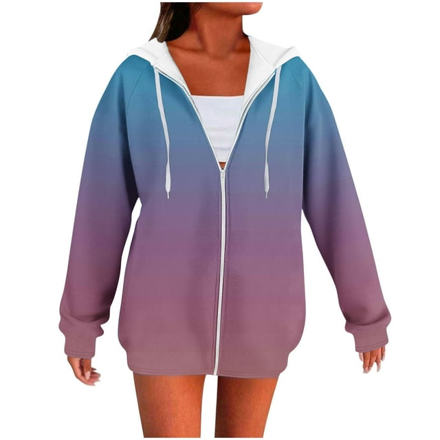 WRKEKC Womens Zip Up Hoodie Gradient Print Raglan Sleeve Hooded Sweatshirt with Drawstring Side Pockets Long Sleeve Fall and Winter Outerwear