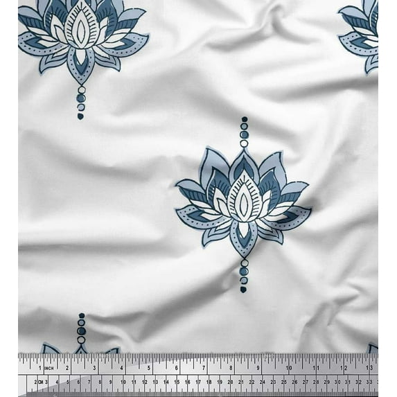 Soimoi Poly Georgette Fabric Dot & Lotus Block Print Sewing Fabric Yard 42 Inch Wide