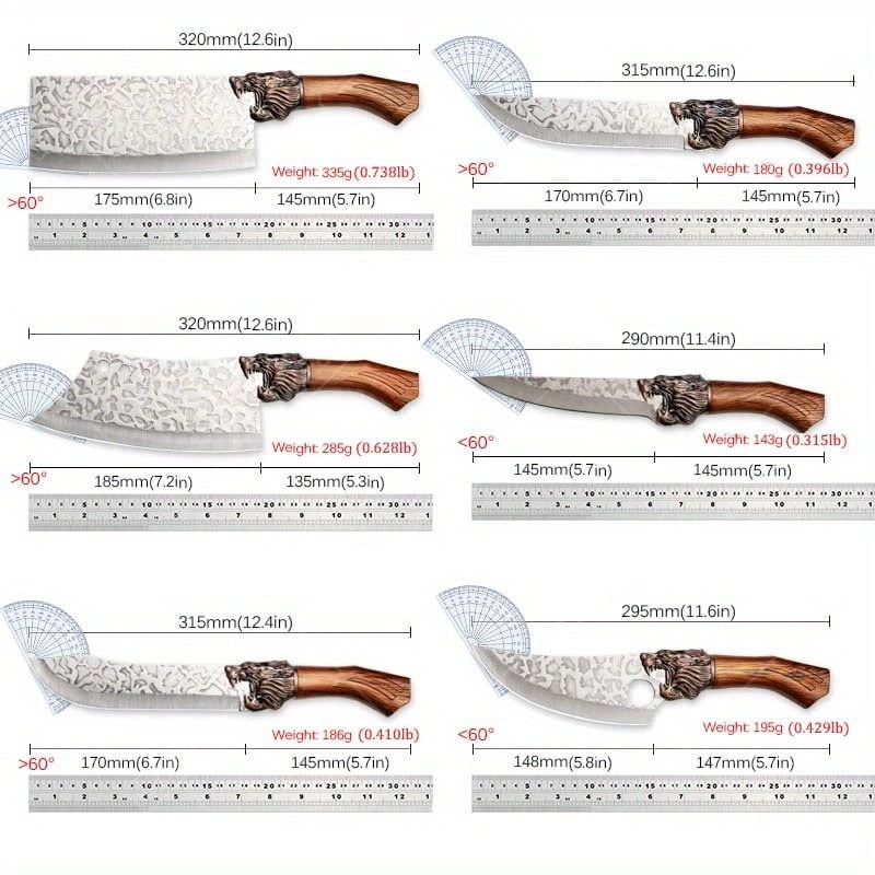 6PCS Professional Kitchen Chef Knife Set Including Stainless Steel Forged Utility Boning Fish and Meat Cleaver Vegetable Chopper Cutting Knife for Cooking and Food Preparation