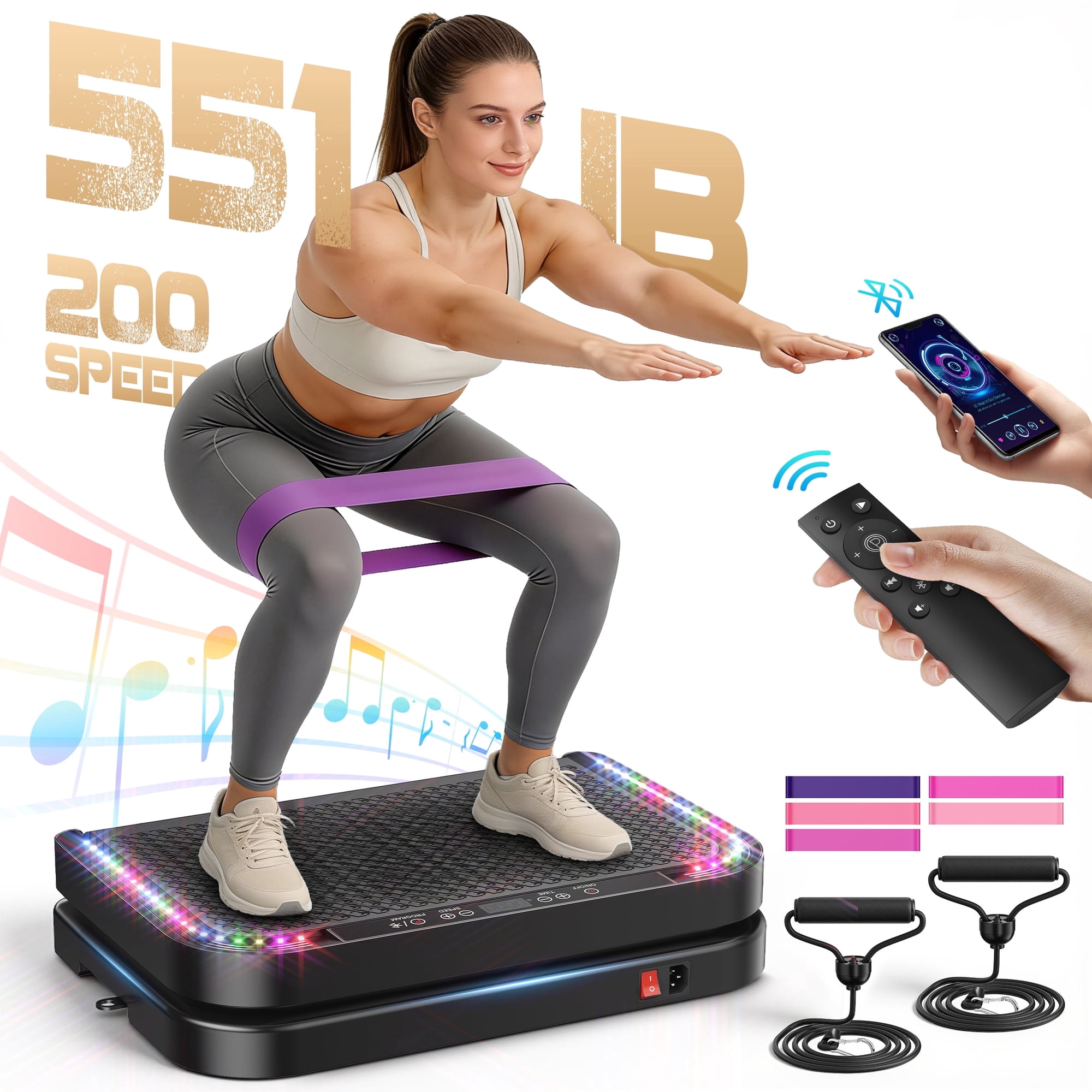 RELOIVE Vibration Plate Exercise Machine,200 Levels Full Body Workout Vibrating Plate for Body Toning & Weight Management, 551Lbs Capacity Shake Platform with Resistance Bands Bluetooth for Women Men