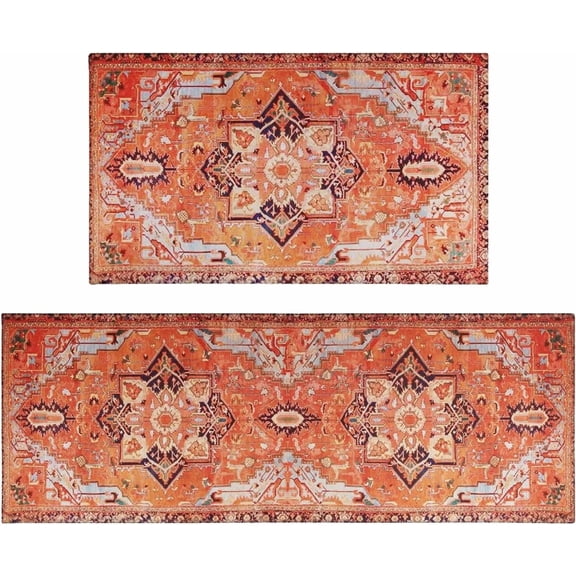 Boho Kitchen Rug and Mat Set of 2 Non-Slip Washable Anti-Fatigue Farmhouse Rug Floor Comfort Mat for Kitchen Sink Front, Laundry, Bathroom, Home Decor, 17x30 17x47inch