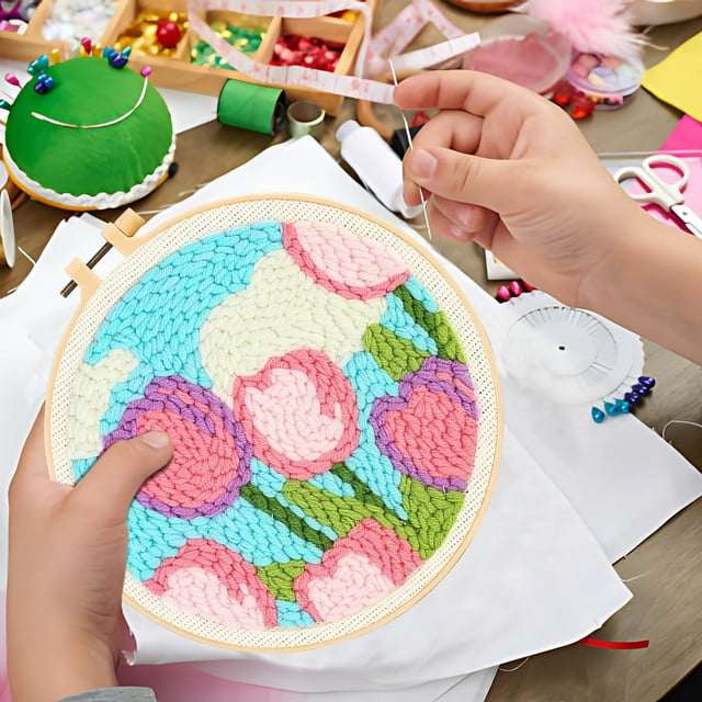 XYAIYT Coarse Yarn Poke Embroidery DIY Kit with Floral Designs,Complete Material PCage for Beginners Experts,Includes Tools Instructions,Perfect Gift for Craft Enthusiasts,7.9 inches Size