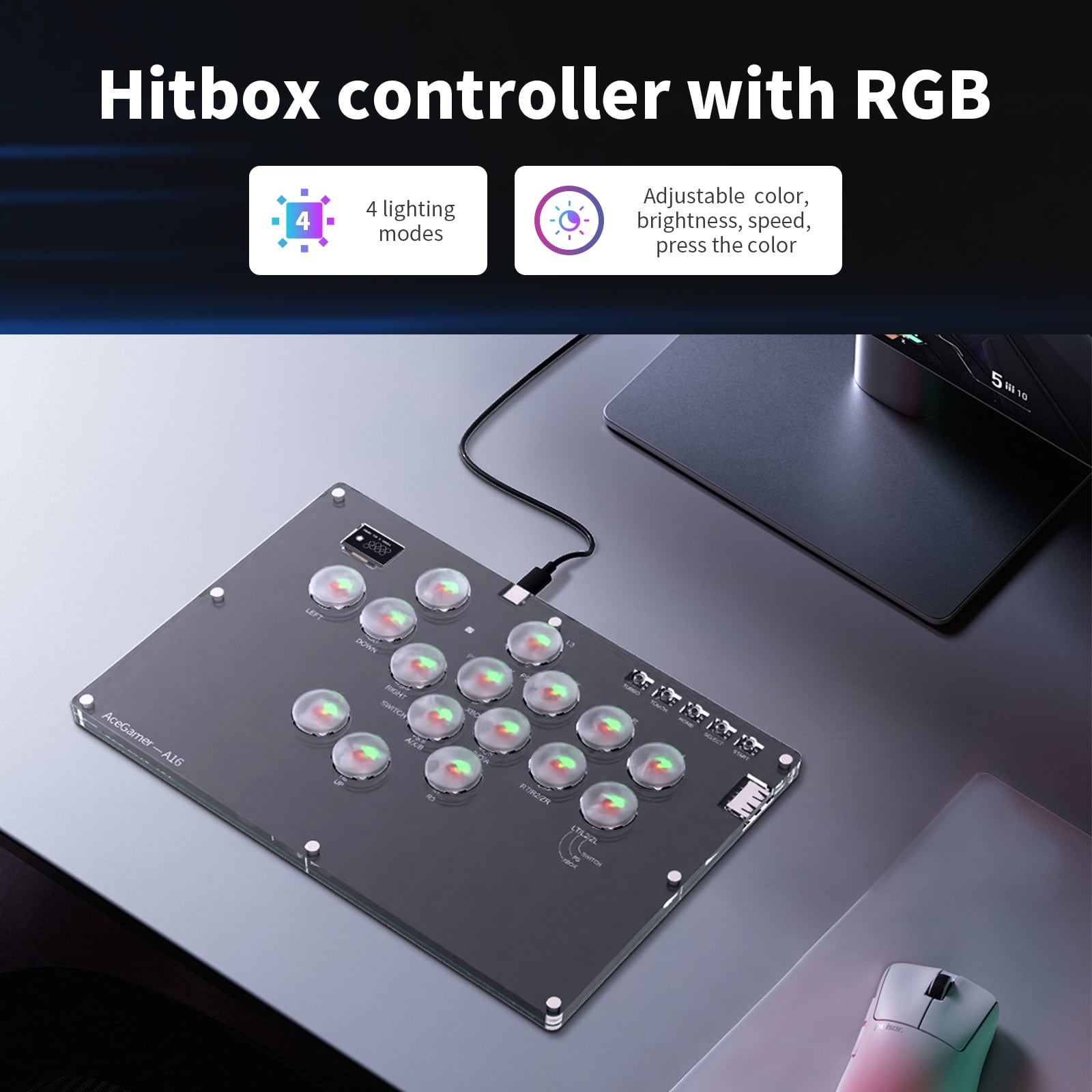 AceGamer Arcade Stick 16Keys All-Button Gamerfinger with Turbo Functions & Custom RGB,Arcade leverless Controller Street Fight for PC/PS3/PS4/Switch/Steam Game Keyboard-Supports Hot Swap & SOCD