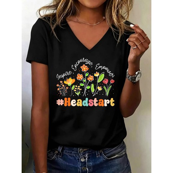 Headstart Appreciation Week Teacher Back to School V Neck T-Shirt Cotton Women's V Neck Graphic Tee, Casual Short Sleeve Shirt,Vacation Outfit