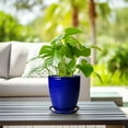 thumbnail image 4 of 8 Inch Small Ceramic Pot with Tray for Fall Centerpiece, Glossy Blue Halloween Planter for Tabletop, Modern Indoor Flower Pot, 4 of 7