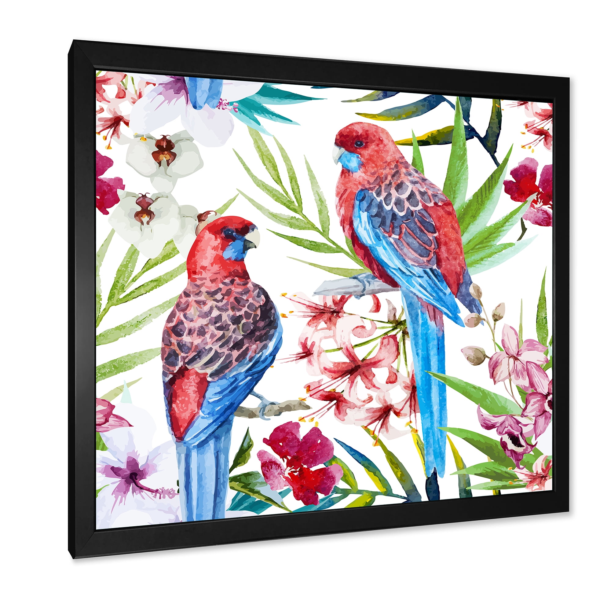 Designart 'Rosella Birds Sitting On Flowers Tree Branch' Traditional Framed Art Print
