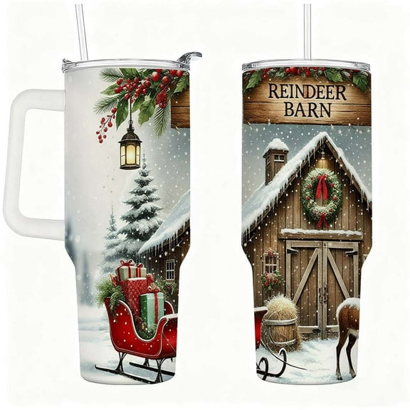 Reindeer Barn Christmas Tumbler with Lid and Straw, Winter Sleigh and Gifts Holiday Cup
