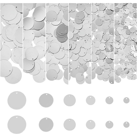 6 Sizes 880Pcs Flat Round Sequin Paillettes Plastic Sequins for Crafts 8/10/12/16/19/25mm Silver Metallic Metalic Large Loose Sequins for DIY Decoration Garment Embroidery