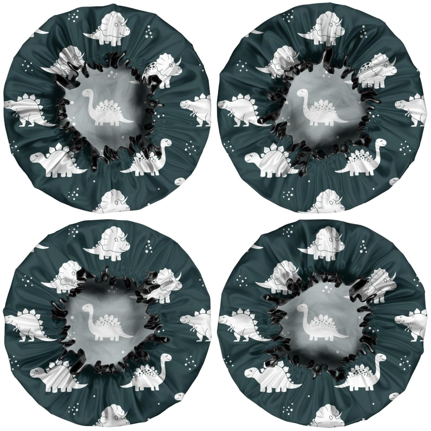 Shower Caps,Black Dinosaurs Silhouette Pattern Waterproof Shower Cap for Women 4 Pieces,Double Reusable Hair Cover for Shower PEVA Elastic Stretch Hem