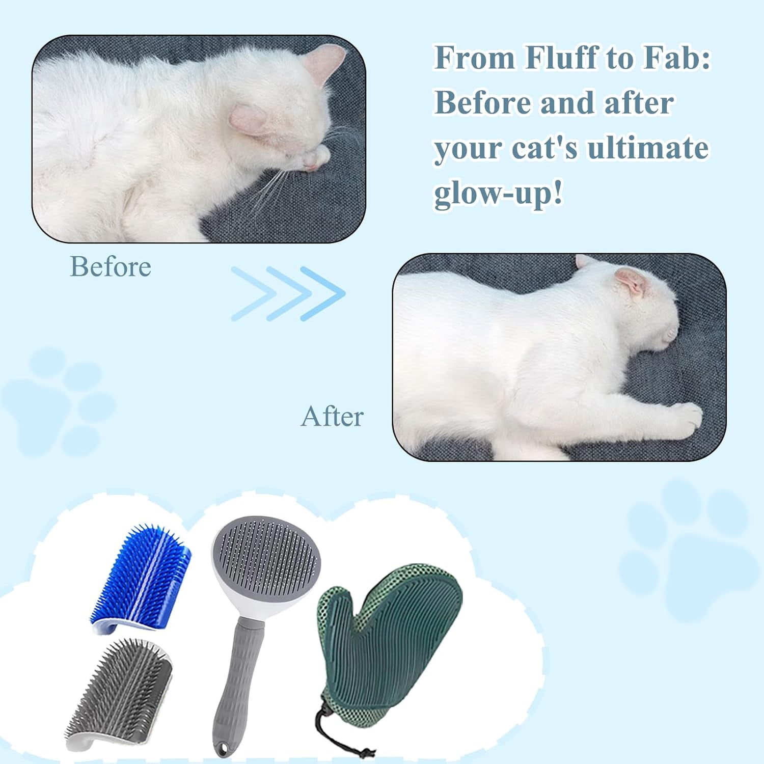 4 Pcs Cat Grooming Kit: Self-Cleaning Slicker Cat Brush, Deshedding Glove, and Cat Corner Massagers for Effortless Shedding, Detangling, and Relaxing Massage