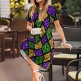 thumbnail image 3 of Horeoi Mardi Gras Shiny Green Purple Print Women's Short Sleeve Dress Breathable Polyester-Spandex All-Over Print A-Line Side Pockets Elastic Waist, 3 of 6