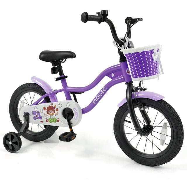 Costway Vélo pour Enfants de 14 Pouces avec Roues Stabilisatrices, Panier, Freins à Main et à Rétropédalage, Siège Ajustable