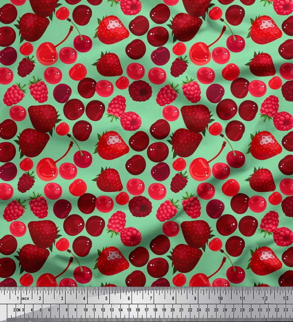 Soimoi Polyester Crepe Fabric Raspberry,Strawberry & Cherry Fruits ...