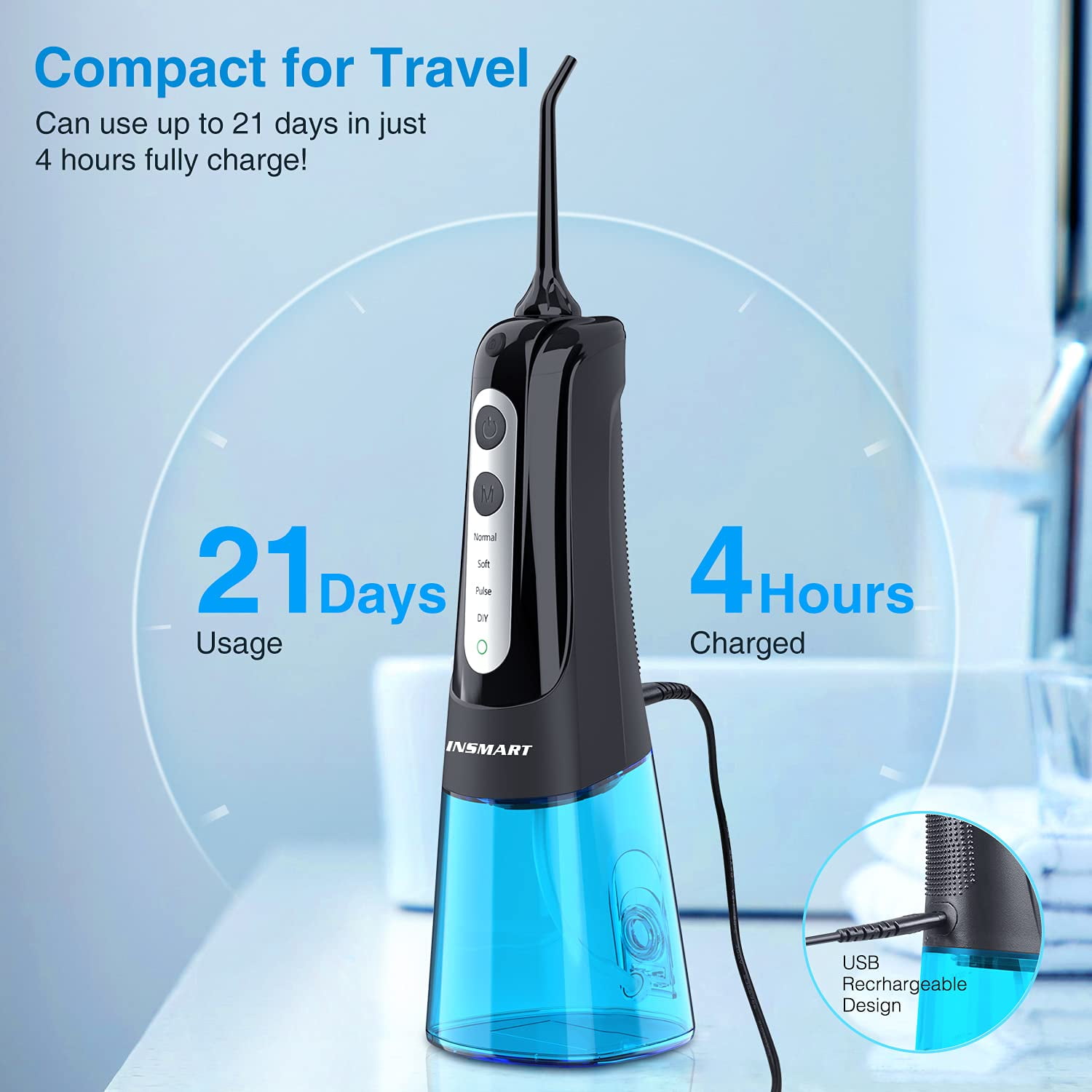 Cordless Water Flosser for Teeth, INSMART,Portable Rechargeable Teeth Cleaner with DIY Mode RGB Light, 4 Jet Tips IPX7 Waterproof Dental Oral Irrigator
