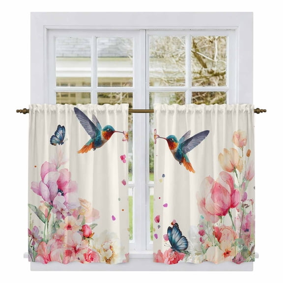 Pink Flower Tier Curtains 54 Inch Length, Spring Floral Butterflies Birds Elegant Farmhouse Cafe Short Curtains for Bathroom Sink, Small Kitchen Curtain Light Filtering Drapes 2 Panels 27.5"Wx54"L