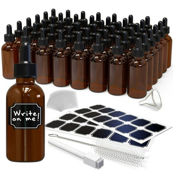 Nevlers 2 oz Amber Glass Dropper Bottle (Set of 48) | Includes Shrink Wrap, Funnel, Brush and Marker