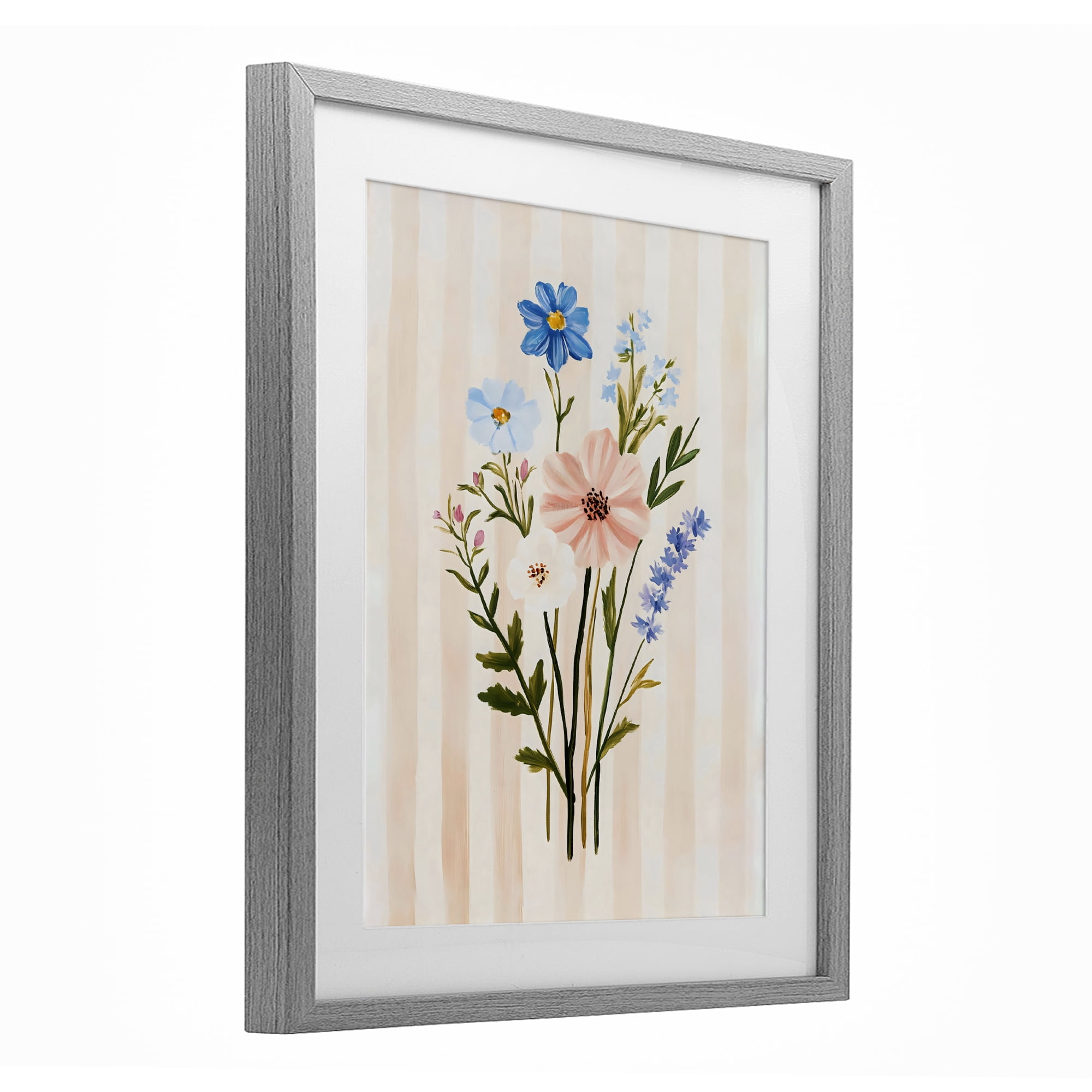 Stupell Industries Cream Stripe Florals Gray Framed Print Under Glass, design by The Prints Vibe