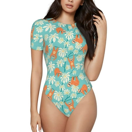 Gaeub Cute Sloth On Floral Tree Women S Short Sleeve One Piece Swimsuit Sexy High-Waisted Bodysuit For Swimming  Beach  Sports - X-Large