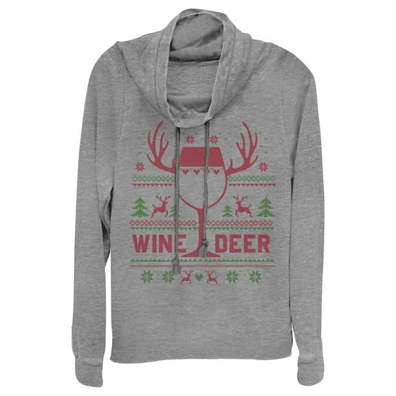 Junior's CHIN UP Christmas Wine Deer  Cowl Neck Sweatshirt Gray Heather Medium