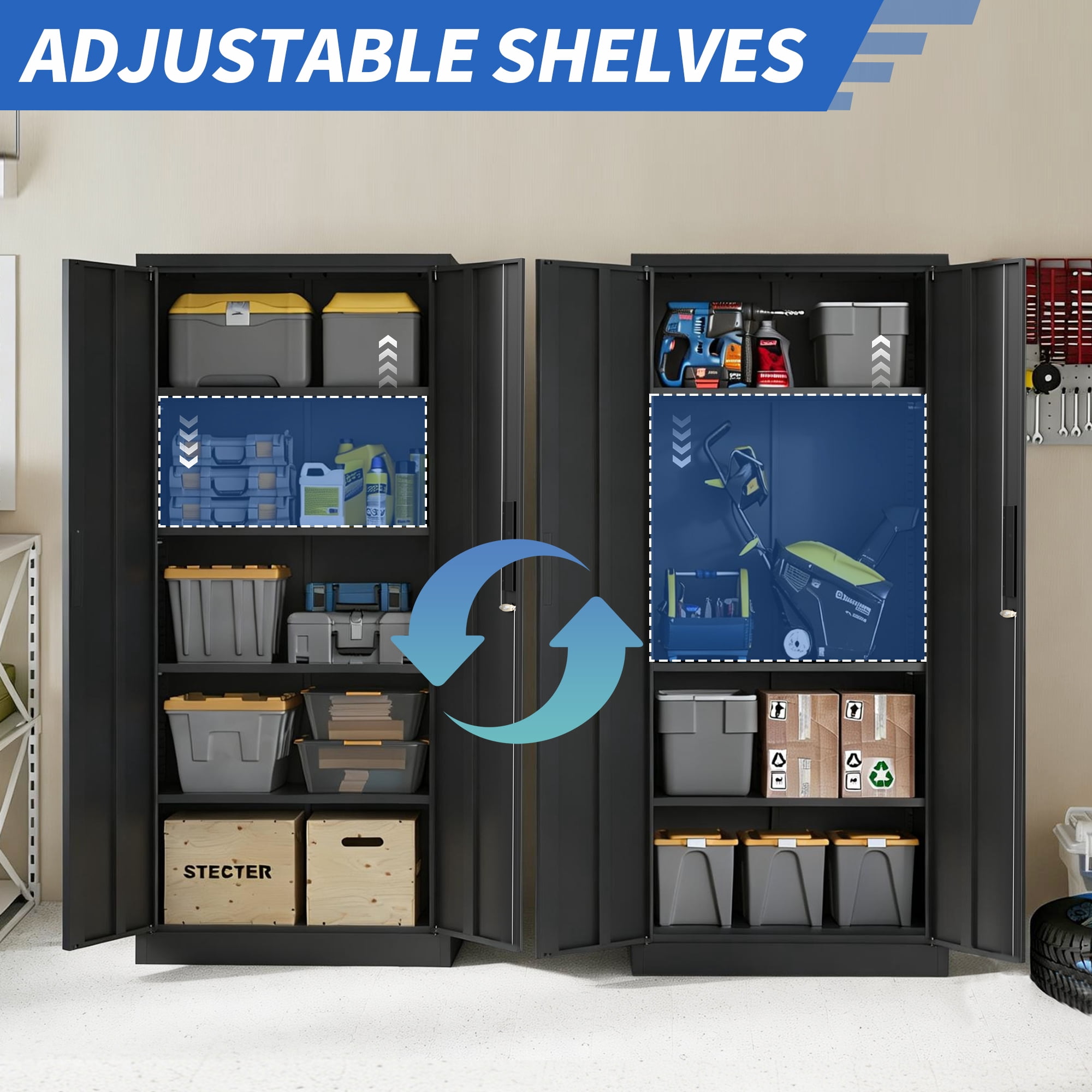 72"H Metal Garage Storage Cabinet, Black Tool Steel Locking Cabinet with Doors and 4 Shelves, Tall Cabinets for Garage Storage Systems Lockable File Cabinet for Home Office, Classroom/Pantry