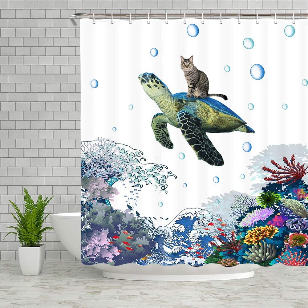 Turtle Sea Soft Watercolor Animal Plant Bath Shower Curtain Set polyester 72 in 