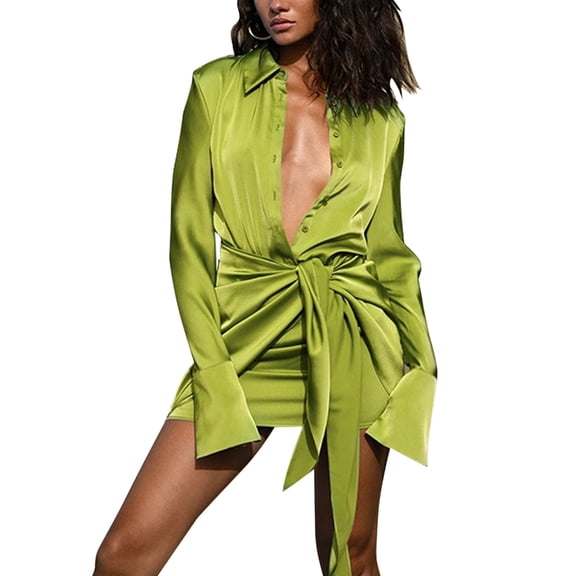 PADFRYBK Fall Dresses For Women V-Neck Solid Color Dress Show Waist Hollow Out Buttocks Dress Long Sleeve Short Dress