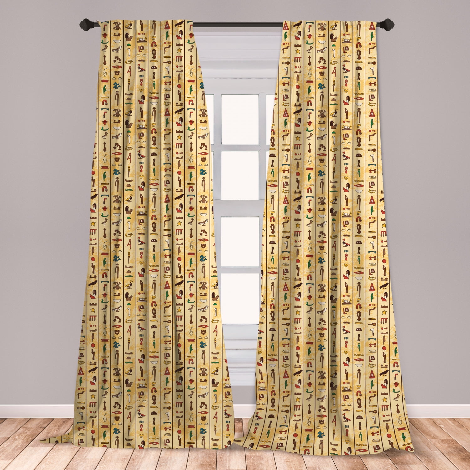Egyptian Curtains 2 Panels Set, Colorful Hieroglyphics on Papyrus Old Paper Style Background
