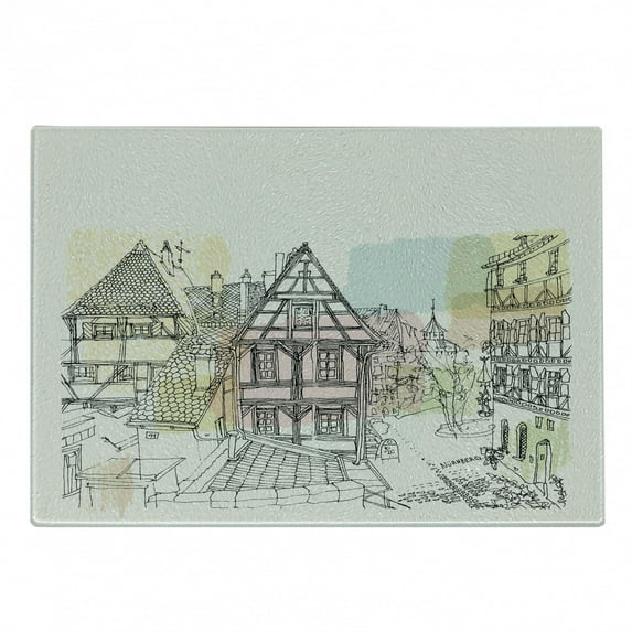 German Cutting Board, Historic Traditional Scene Nuremberg Germany Classical Timber Houses Illustration, Decorative Tempered Glass Cutting and Serving Board, Small Size, Multicolor, by Ambesonne