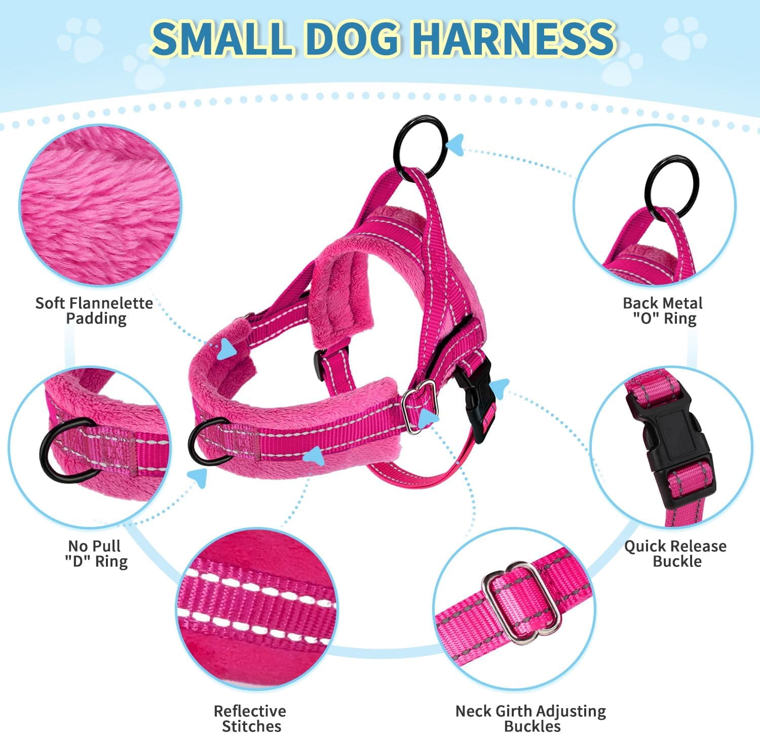 No Pull Small Dog Harness and Leash Set, Puppy Soft Vest Harness Neck & Chest Adjustable, Reflective Lightweight Harness & Anti-Twist Pet Lead Combo for Small Medium Dogs (Fuchsia, XXS)