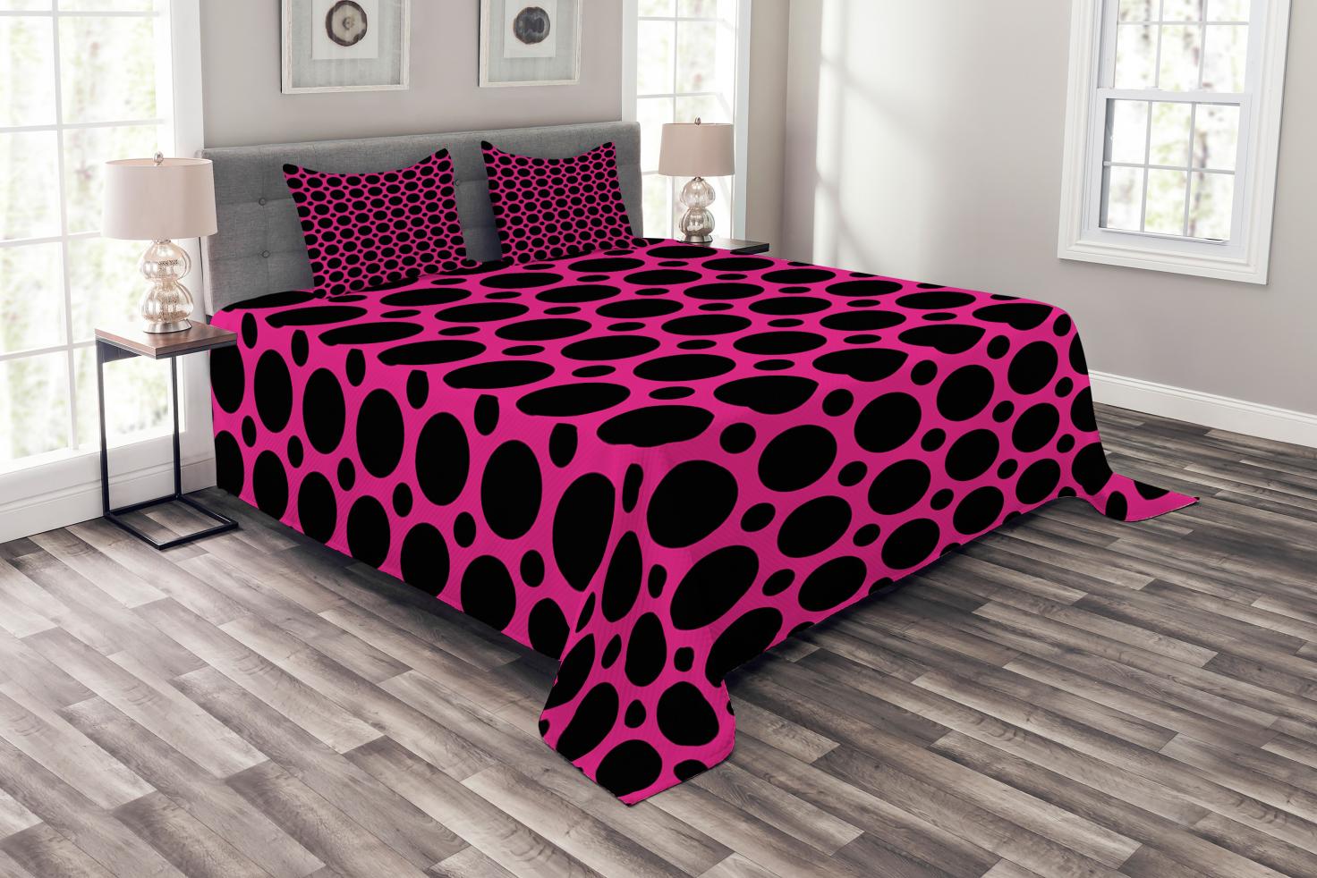 Hot Pink Bedspread Set Queen Size, Big and Small Dots Spots in