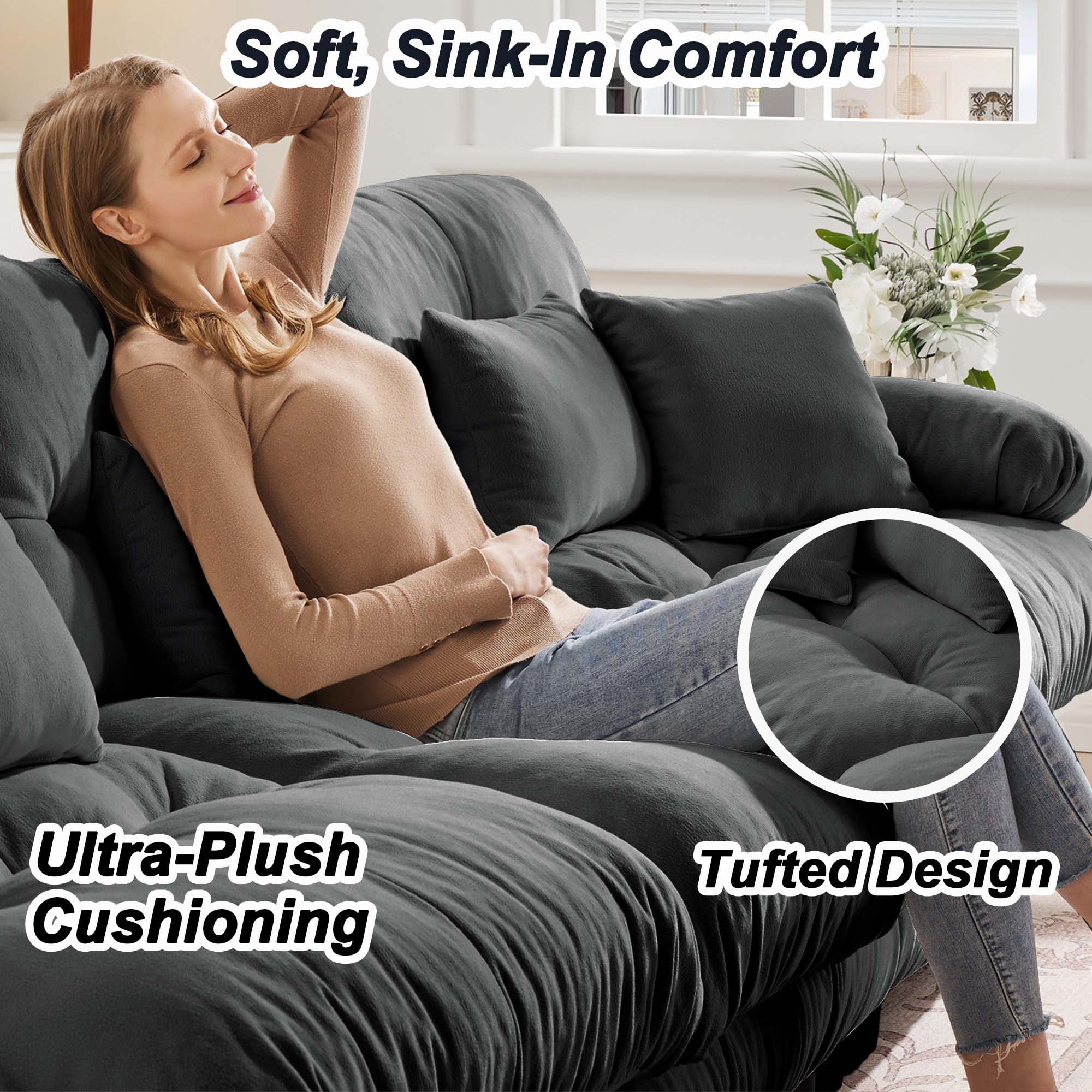 94.4" Cloud Chenille Loveseat Sofa with 2 Moveable Ottomans, Oversized Deep Seat Couch Set for Living Room,Gray
