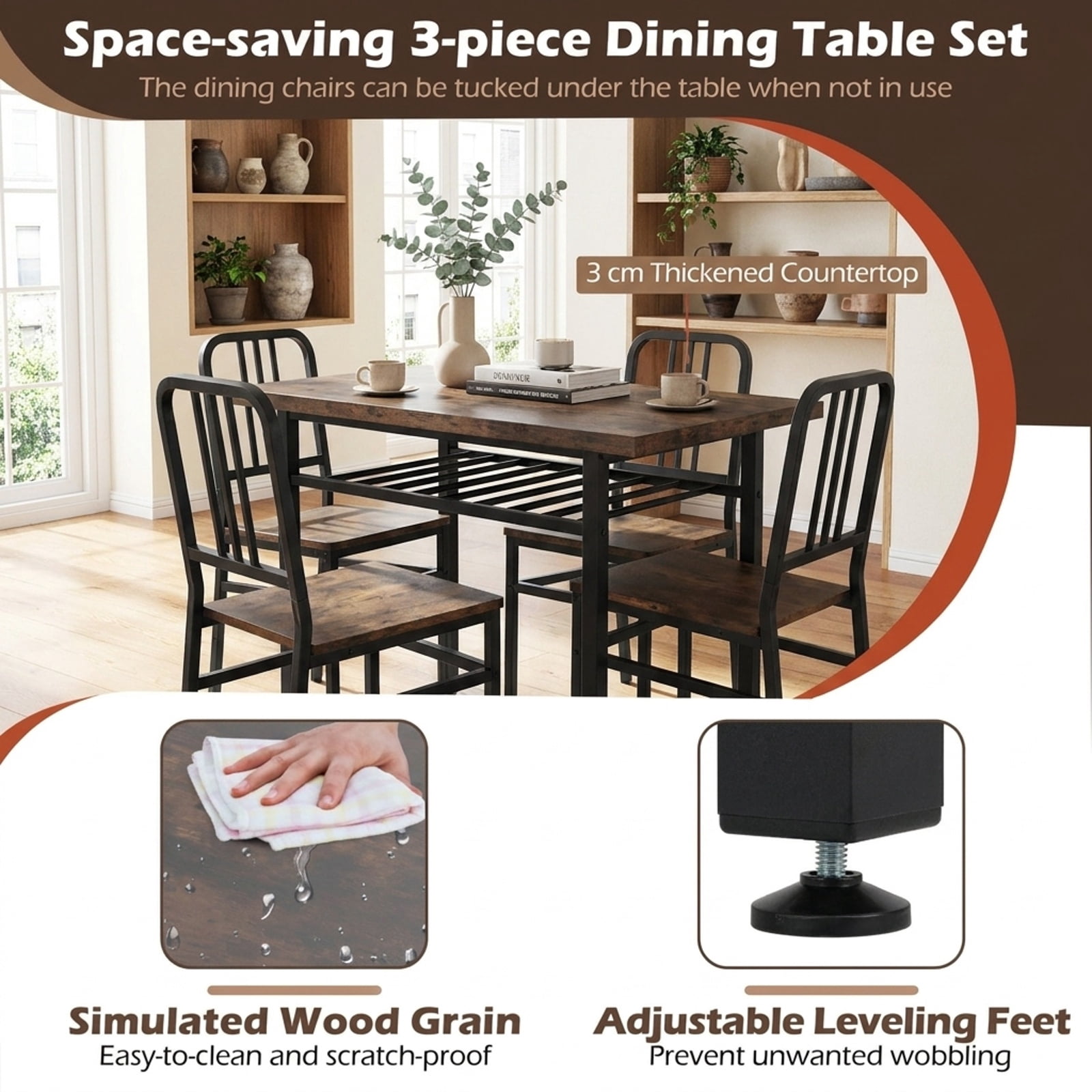 Furnibear 3-Piece Dining Table Set with Rectangular Kitchen Table and 2 Chairs for Kitchen Dining Room Breakfast Nook Home, Rustic Brown