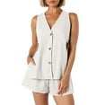 thumbnail image 4 of Women 2 Piece Outfits Casual Shorts Set Sleeveless V Neck Button Down Tank Tops & Shorts Tracksuit, 4 of 5