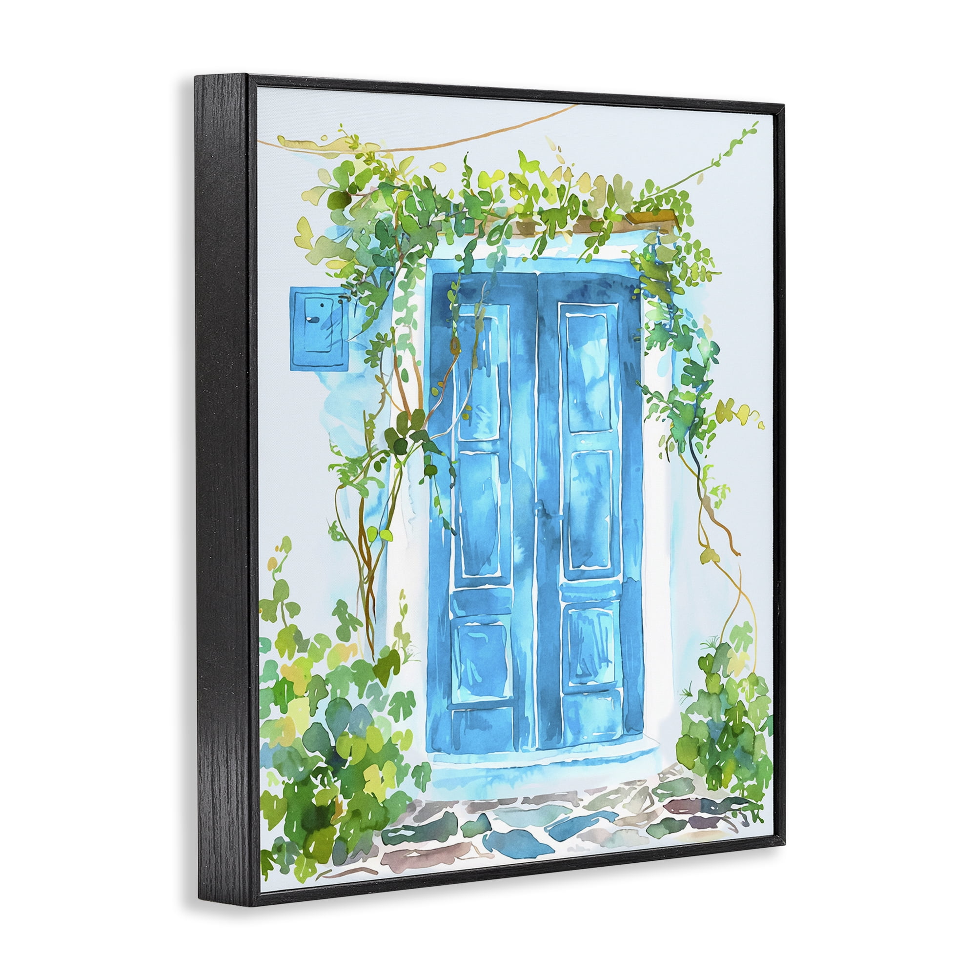 Stupell Industries Blue Vine Covered Door Scenery Painting Black Framed Art Print Wall Art, 16 x 20