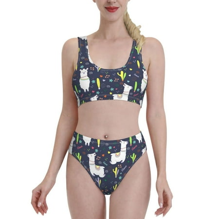 High Waisted Bikini Sets For Women  Cartoon Cute Alpaca Cactus Flower Two Piece Swimsuit Sporty Scoop Neck Bathing Suit
