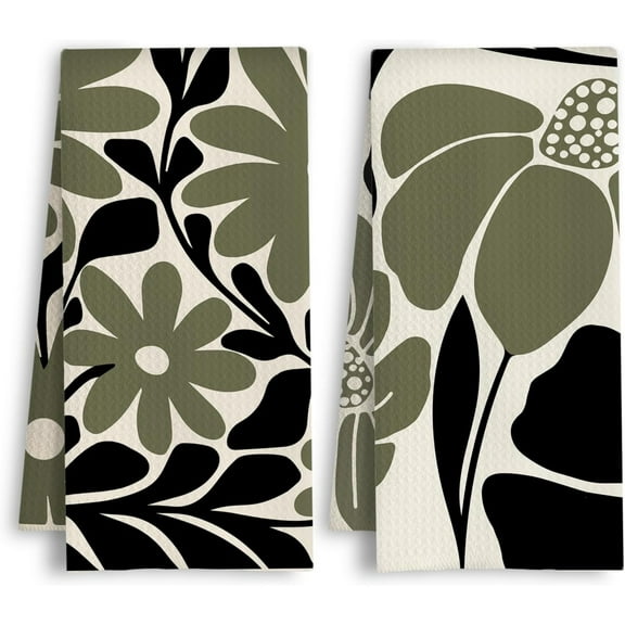 Dark Green and Black Boho Floral Kitchen Towels Abstract Mid Century Modern Flower Botanical Dish Tea Hand Towels for Kitchen Bathroom Decor, 16x24 Inch Set of 2