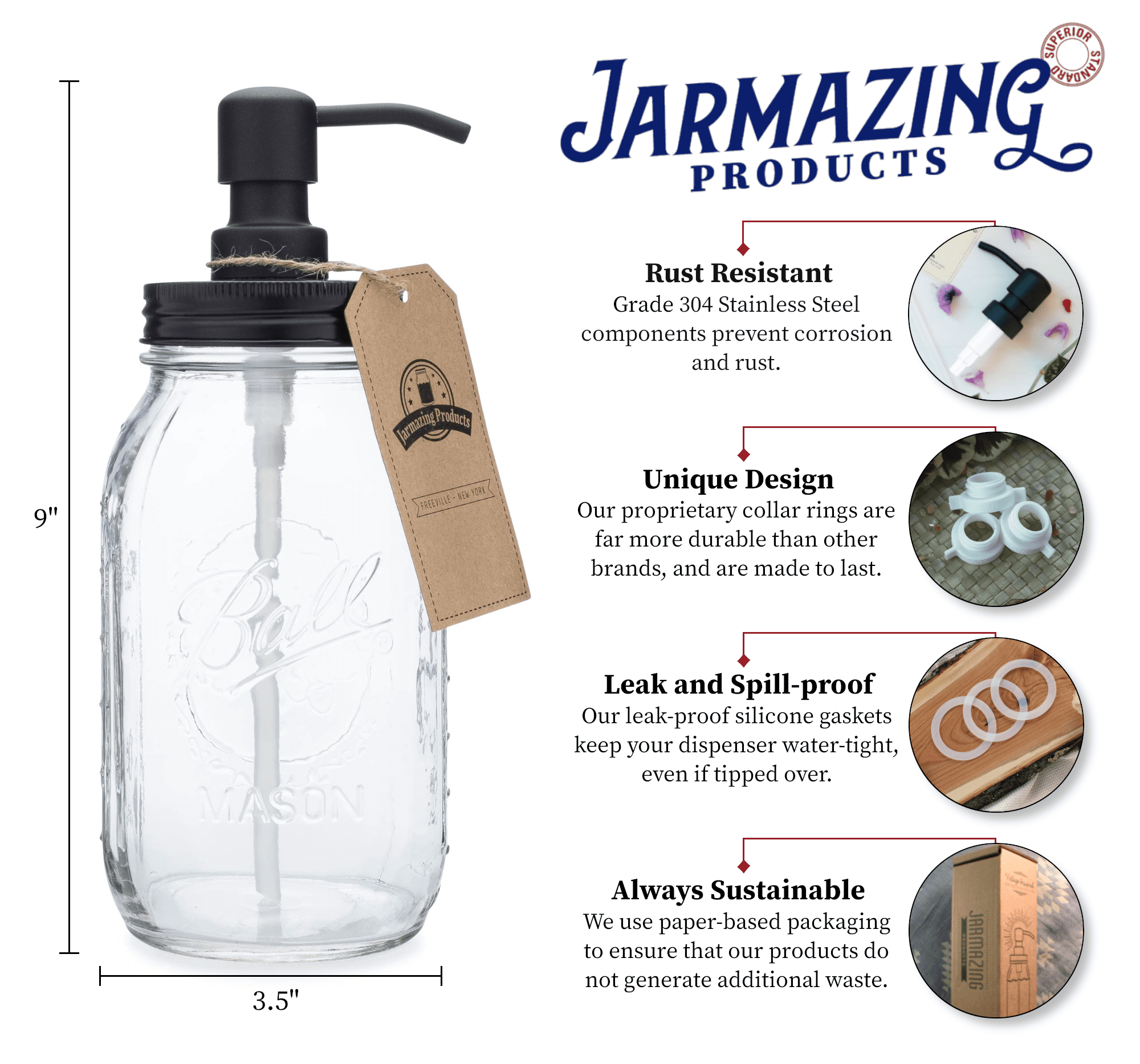 Jarmazing Products Quart Size Mason Jar Soap and Lotion Dispenser - Black Made from Rust-Proof Stainless Steel