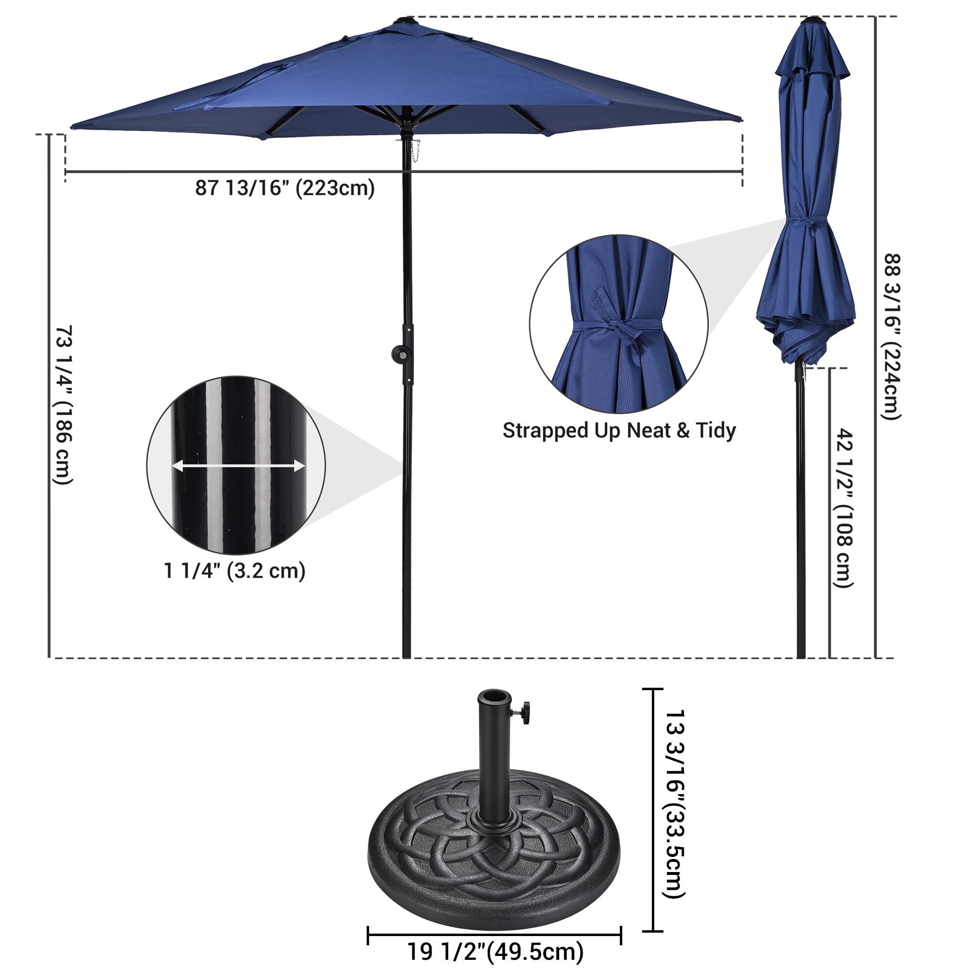 Yescom 7.5ft Outdoor Patio Umbrella with Base Included Heavy Duty Weighted Stand Holder with Scale Tilt Sunshade Garden Parasol for Yard Deck Market Pool Navy Blue