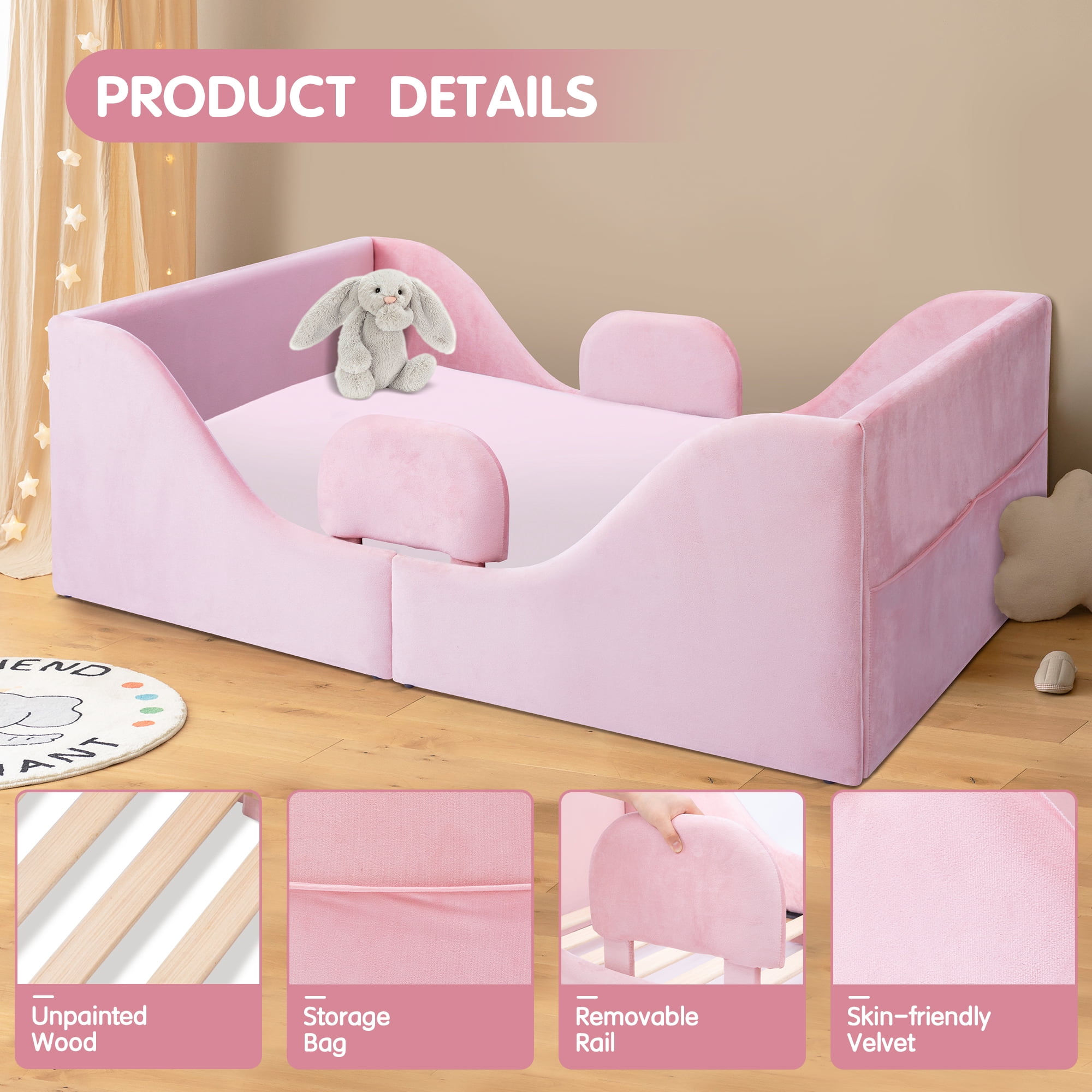 Toddler Bed, Toddler Floor Bed – Low-to-Ground Design with Detachable Guard Rails, Soft Upholstered Transition Bed, Standard Crib Size for kids Ages 1–6 (Pink)