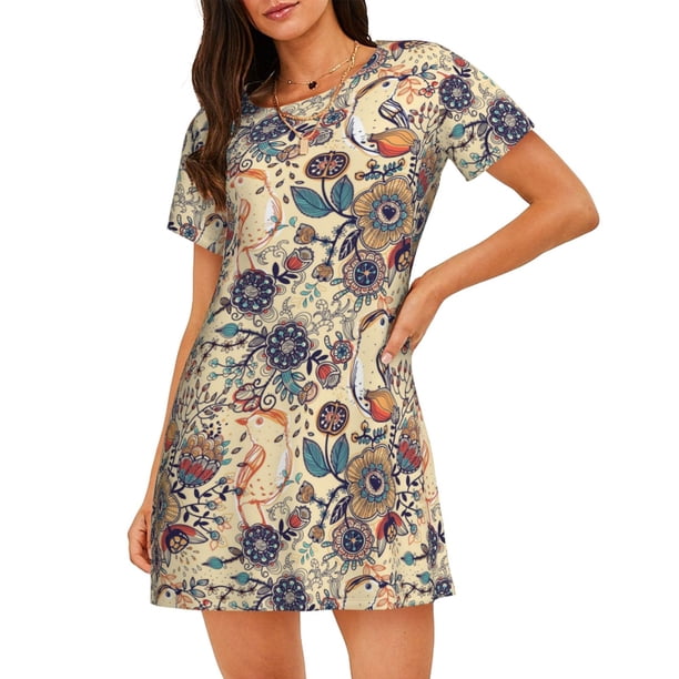 Balery Floral With Birds Camisón de manga corta con cuello redondo para mujer, cómodo y elegante.