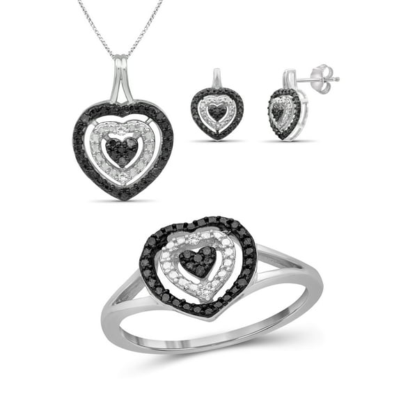 JewelersClub 3-Piece Black & White Diamond Sterling Silver Earrings Set, Sterling Silver Necklace, Sterling Silver Rings – Heart Shaped Jewelry – Jewelry Sets for Women – Birthday Gifts by