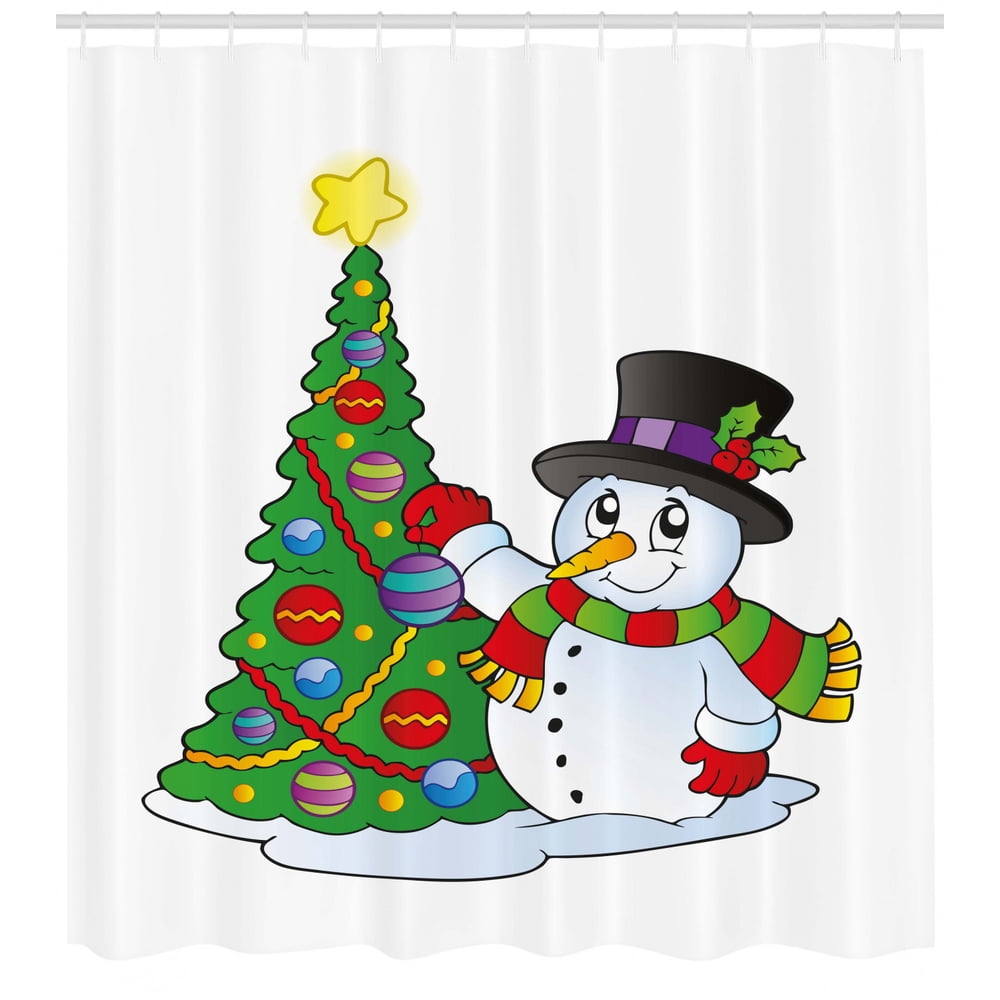 Snowman Shower Curtain, Lovely Character Near a Christmas Tree Festive
