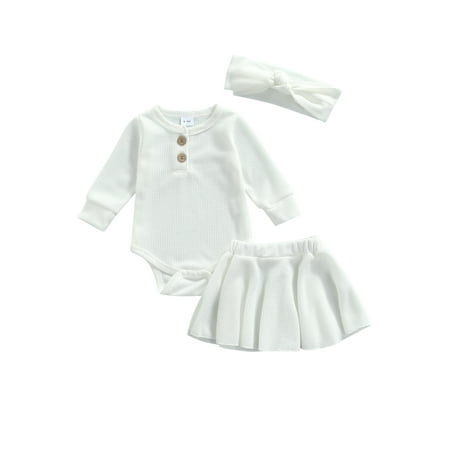 

Sunisery 3Pcs Baby Girls Autumn Clothes Long Sleeve Button Romper Tops A-Line Skirts Headband Sets White 3-6 Months