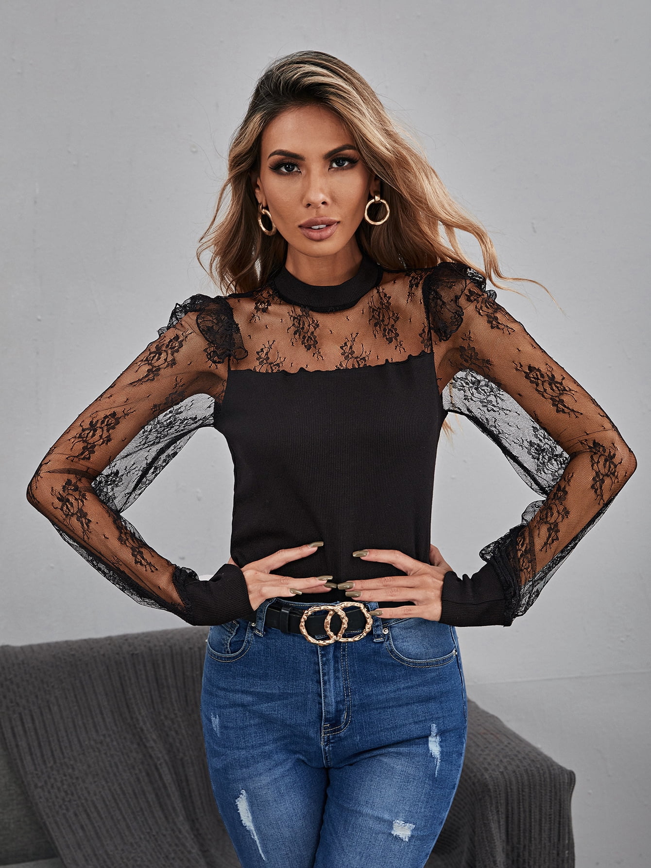 Black Lace Insert Mock Neck Ruffle Trim 