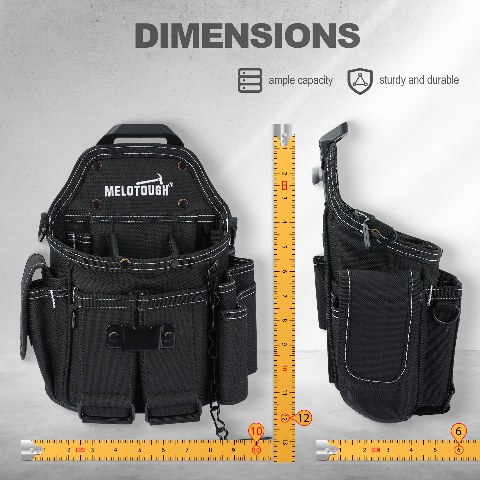 MELOTOUGH Professional Small Electrician Tool Pouch for Tool Belt Pockets with Belt Clip Attachment Pockets Tradesman Tool Bag Pouch with Tape Thong Tool Holster